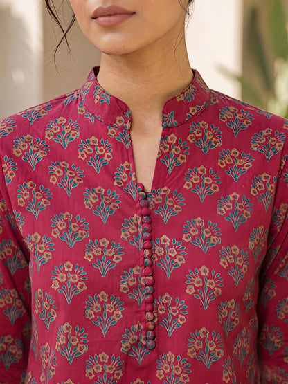 Maroon Printed Rayon Blend Mandarin Collar Stylish Co-Ord Set