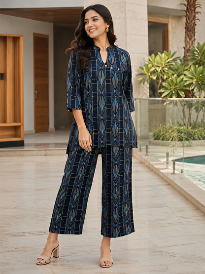Printed Rayon Blend Mandarin Collar Stylish Co-Ord Set