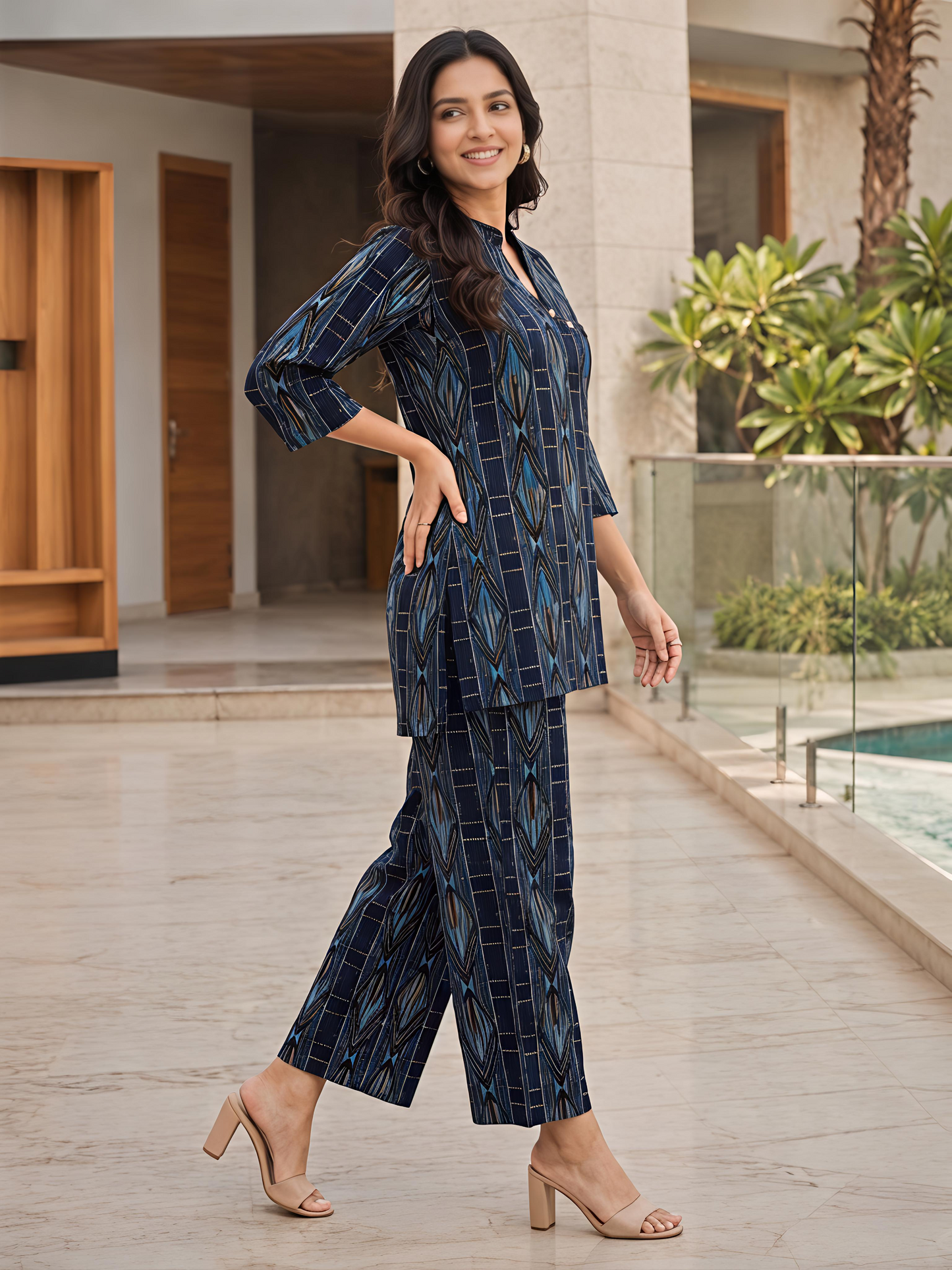Printed Rayon Blend Mandarin Collar Stylish Co-Ord Set