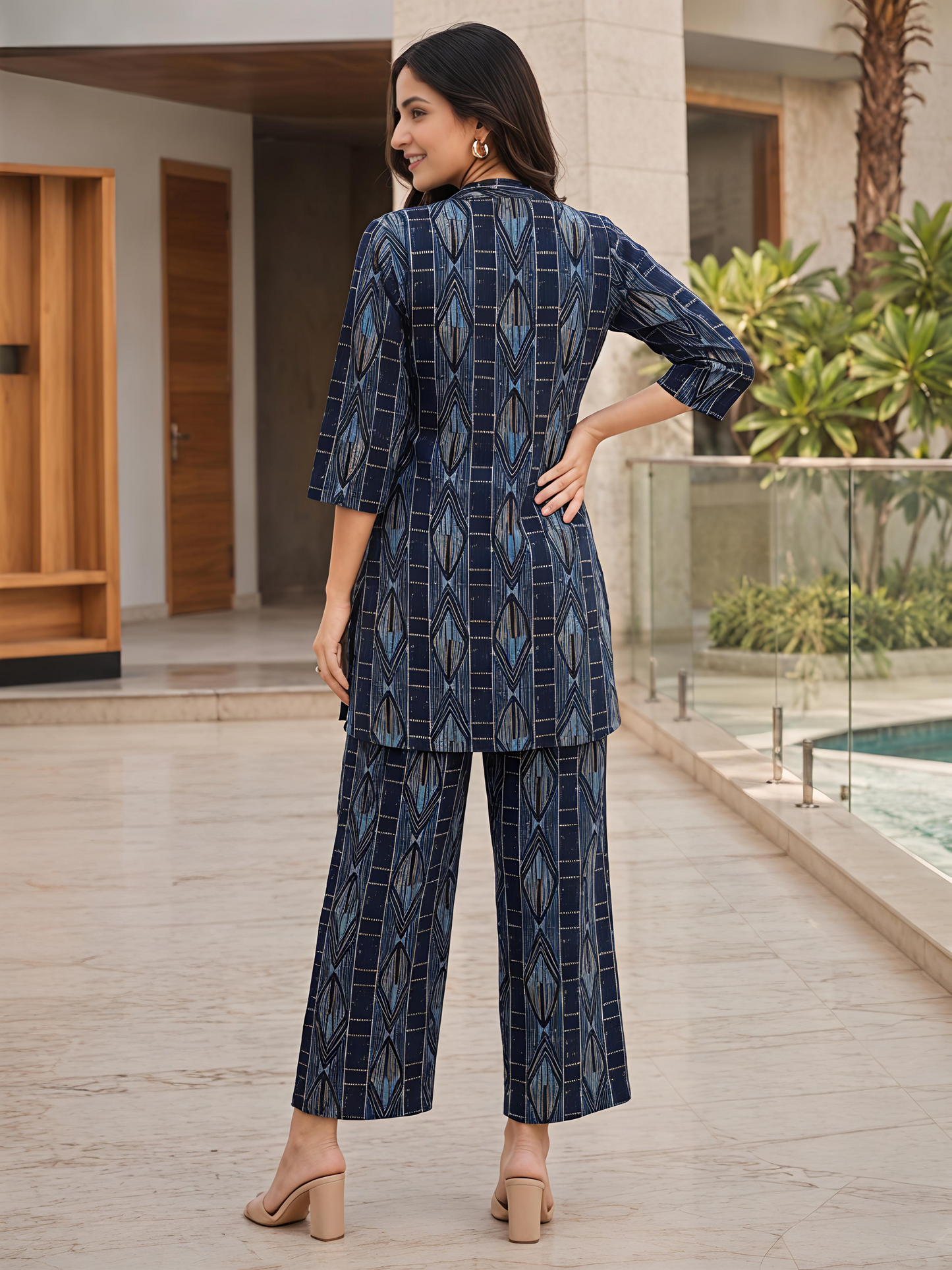 Printed Rayon Blend Mandarin Collar Stylish Co-Ord Set