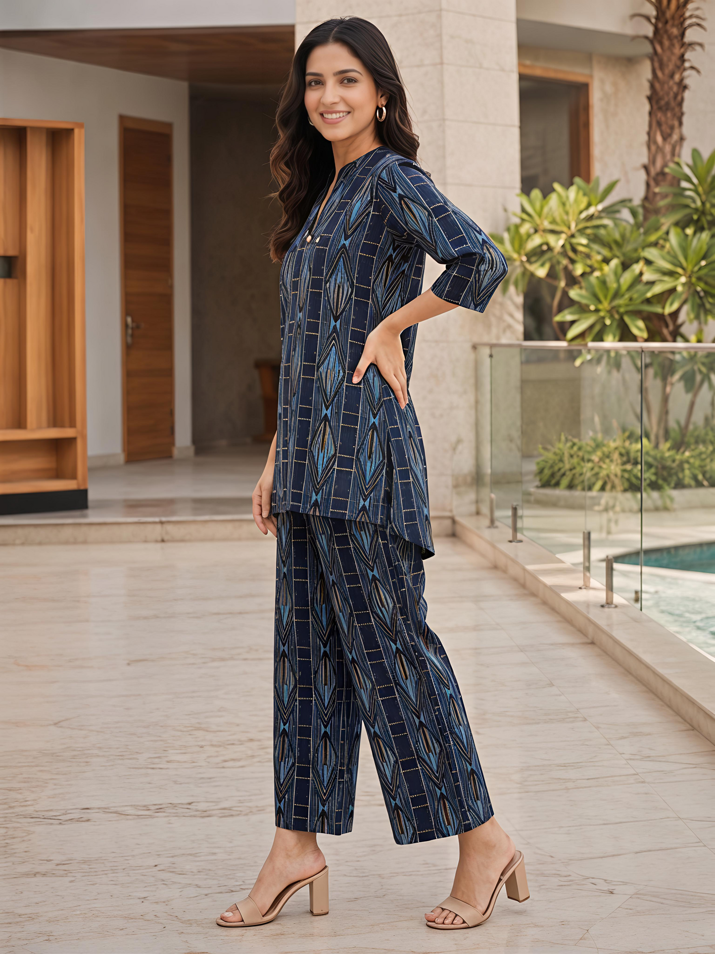 Printed Rayon Blend Mandarin Collar Stylish Co-Ord Set