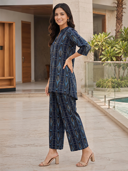 Printed Rayon Blend Mandarin Collar Stylish Co-Ord Set