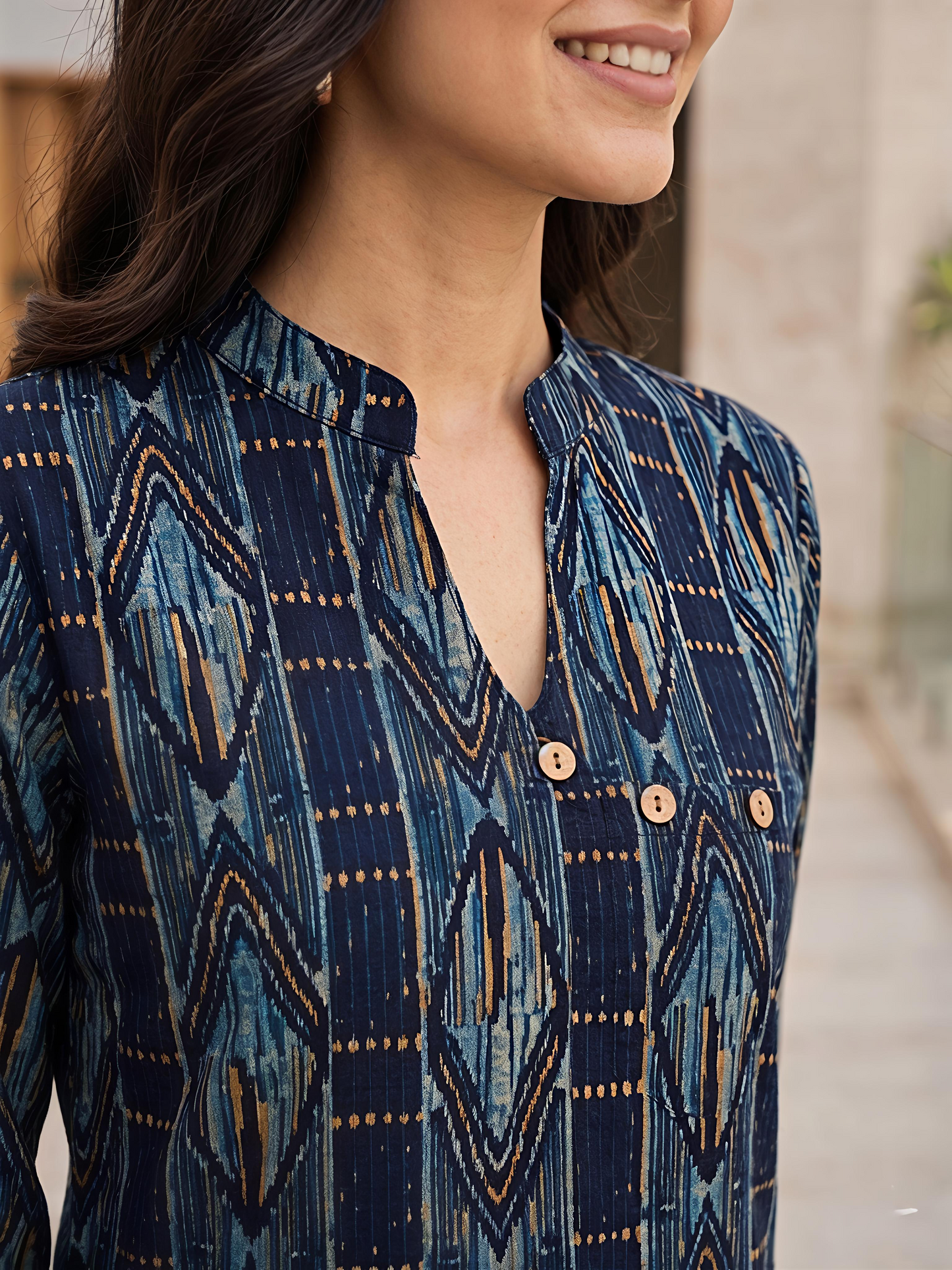 Printed Rayon Blend Mandarin Collar Stylish Co-Ord Set