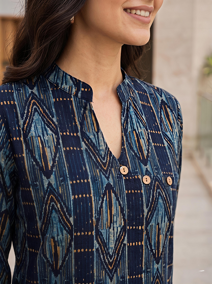 Printed Rayon Blend Mandarin Collar Stylish Co-Ord Set