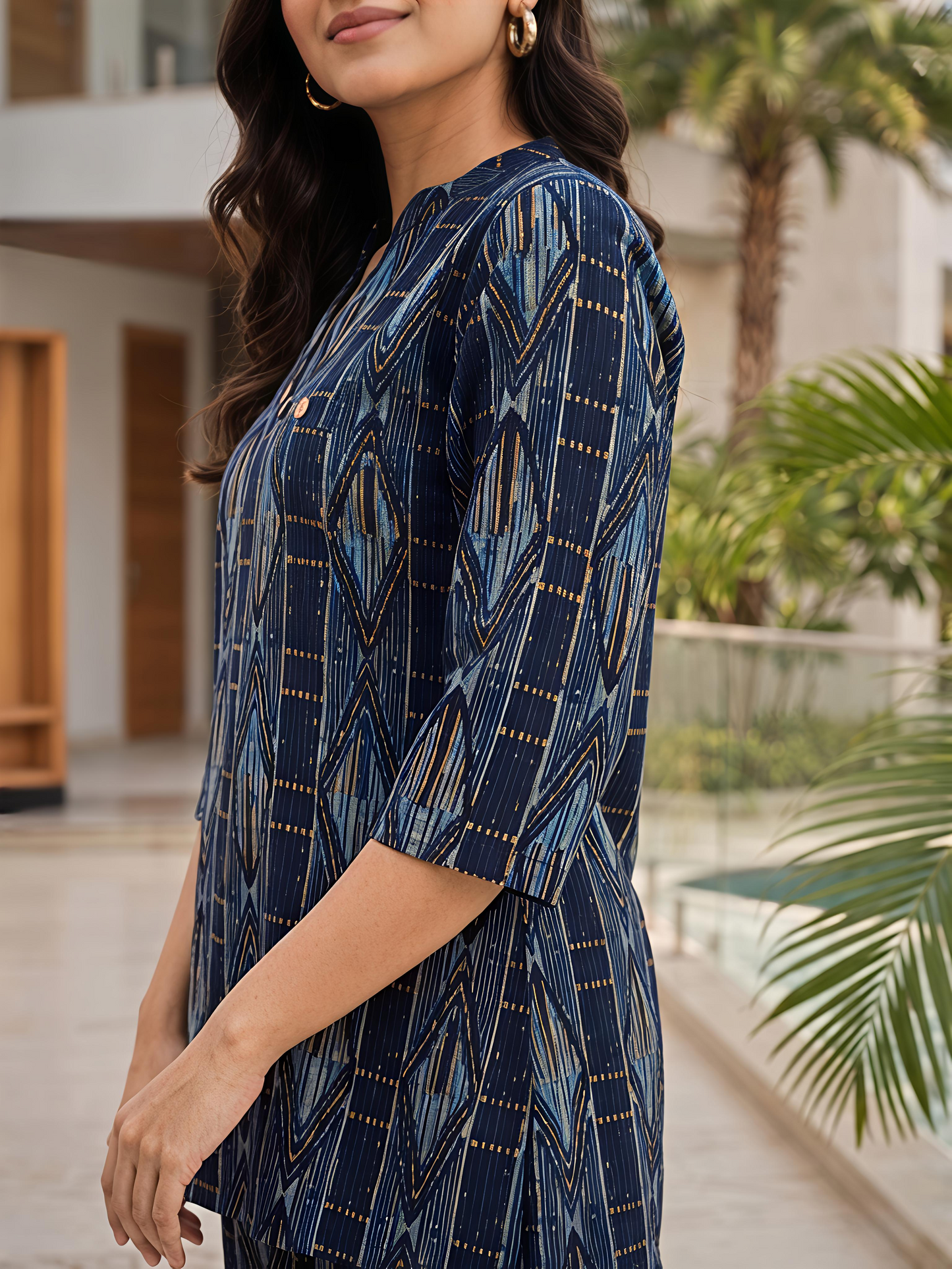 Printed Rayon Blend Mandarin Collar Stylish Co-Ord Set