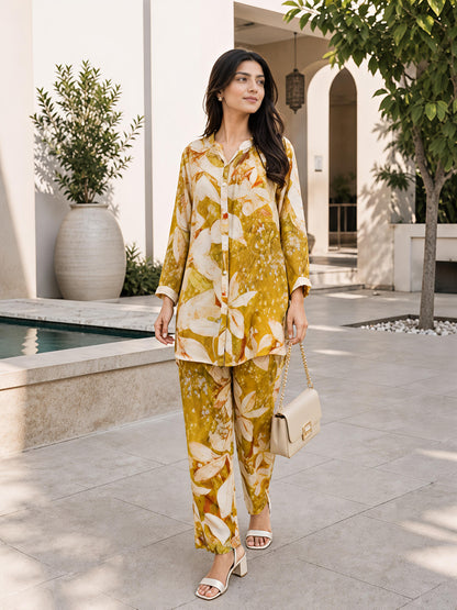 Yellow Floral Rayon Blend Mandarin Collar Stylish Co-Ord Set
