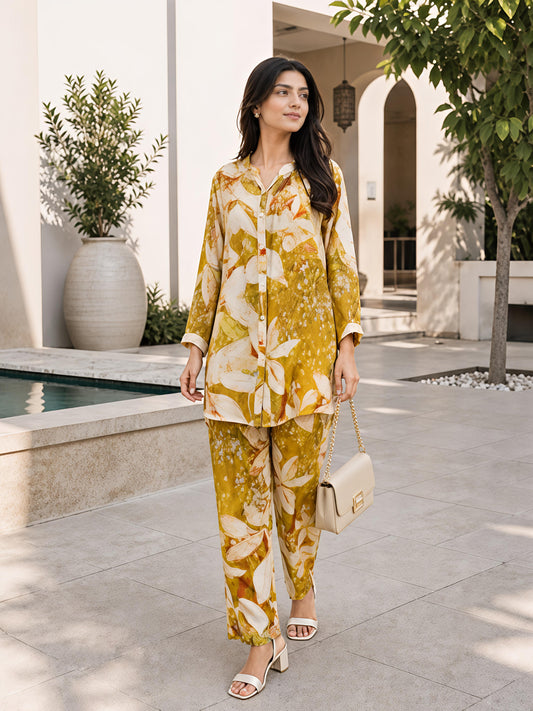 Yellow Floral Rayon Blend Mandarin Collar Stylish Co-Ord Set