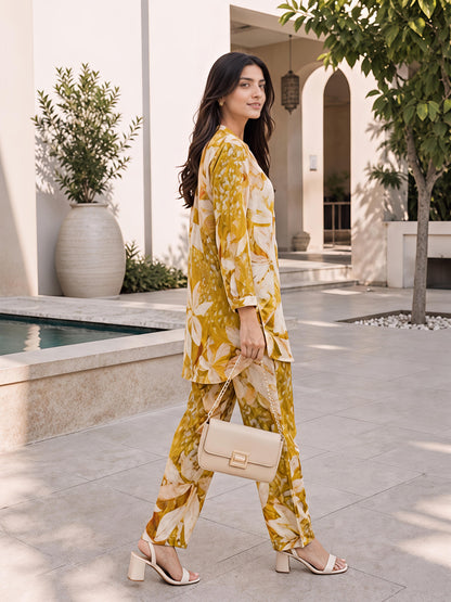 Yellow Floral Rayon Blend Mandarin Collar Stylish Co-Ord Set