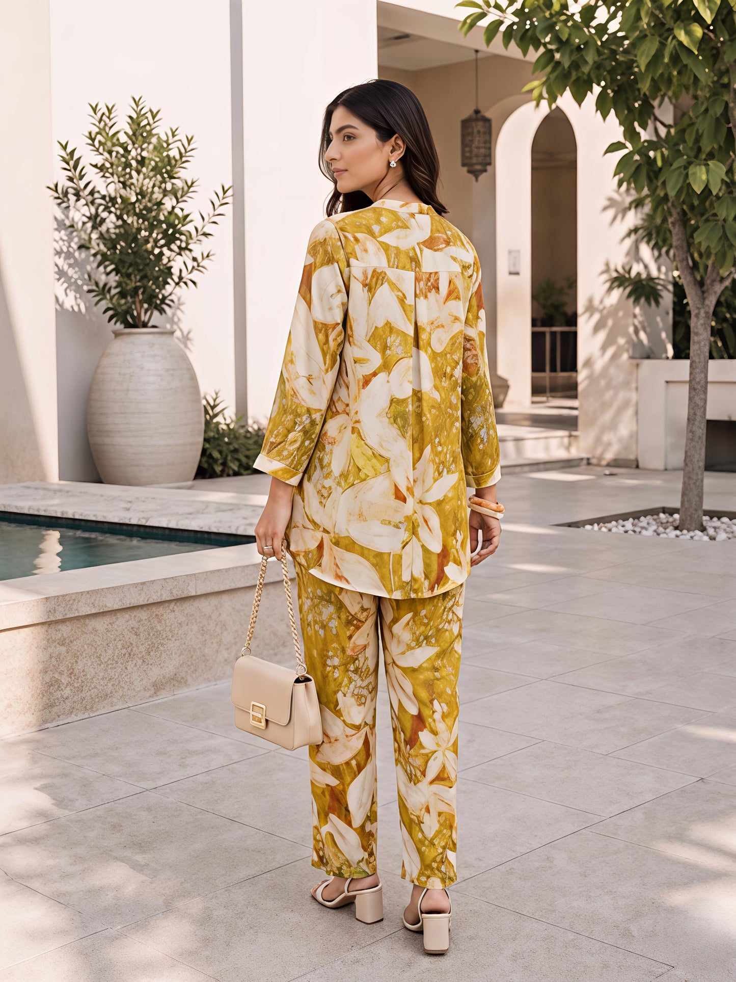 Yellow Floral Rayon Blend Mandarin Collar Stylish Co-Ord Set