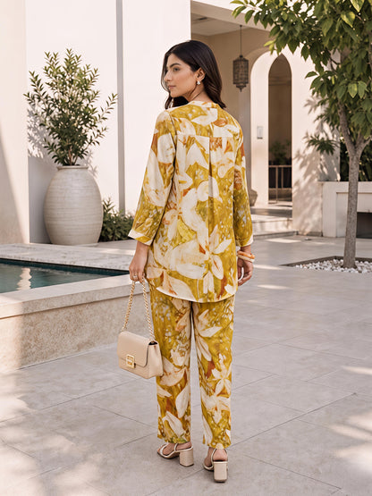 Yellow Floral Rayon Blend Mandarin Collar Stylish Co-Ord Set
