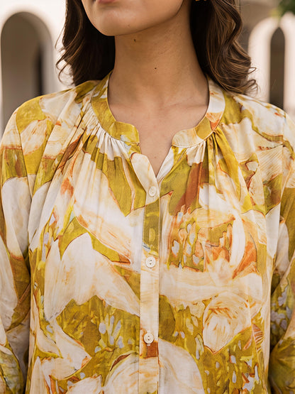Yellow Floral Rayon Blend Mandarin Collar Stylish Co-Ord Set