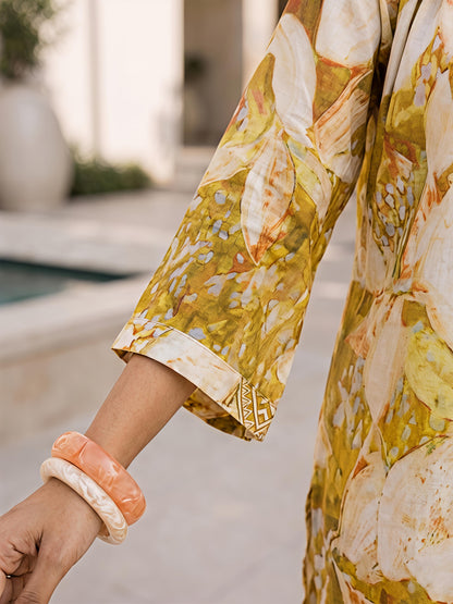 Yellow Floral Rayon Blend Mandarin Collar Stylish Co-Ord Set