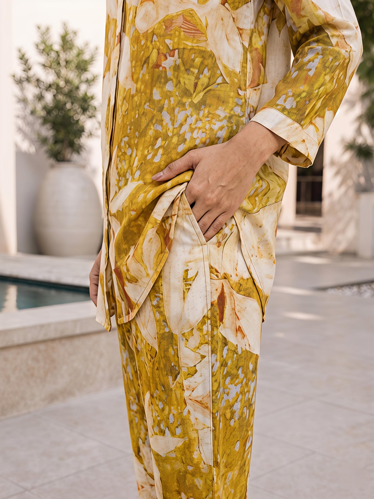 Yellow Floral Rayon Blend Mandarin Collar Stylish Co-Ord Set