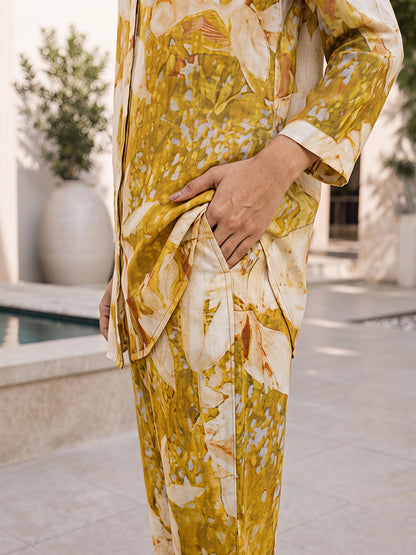 Yellow Floral Rayon Blend Mandarin Collar Stylish Co-Ord Set
