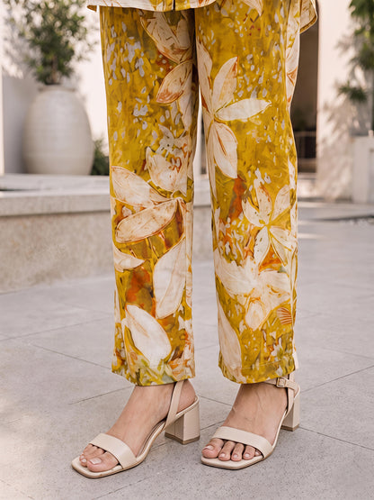 Yellow Floral Rayon Blend Mandarin Collar Stylish Co-Ord Set