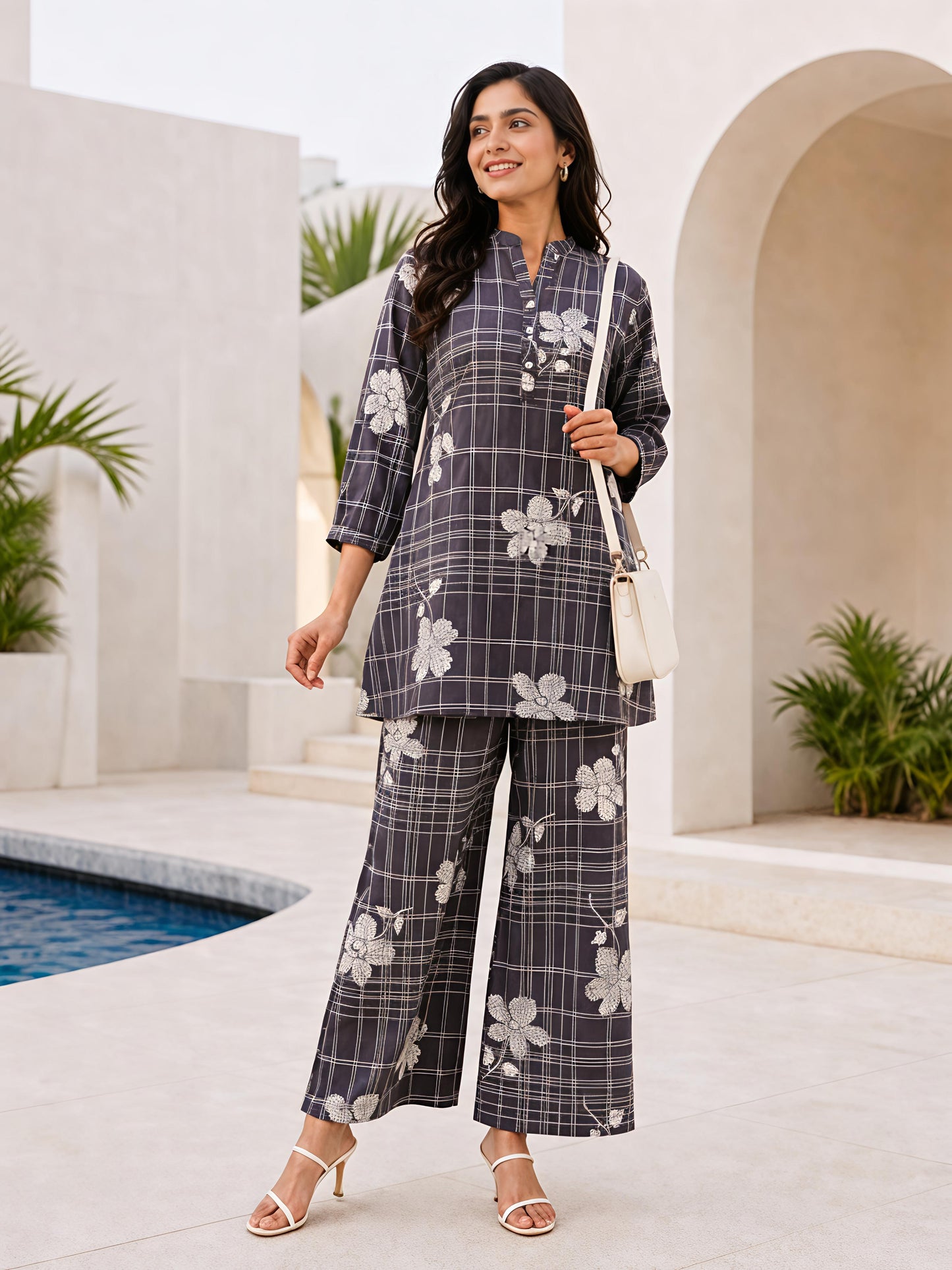 Grey Printed Rayon Blend Mandarin Collar Stylish Co-Ord Set