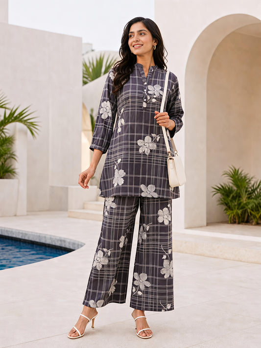 Grey Printed Rayon Blend Mandarin Collar Stylish Co-Ord Set