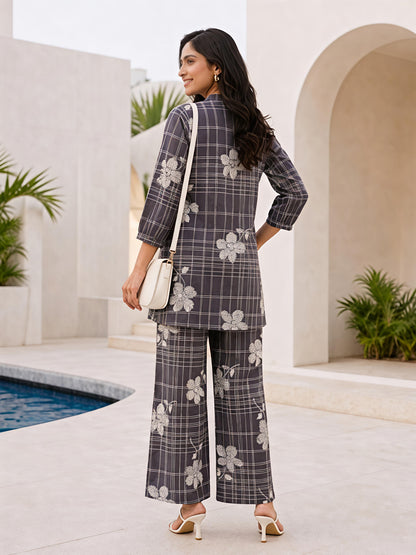 Grey Printed Rayon Blend Mandarin Collar Stylish Co-Ord Set