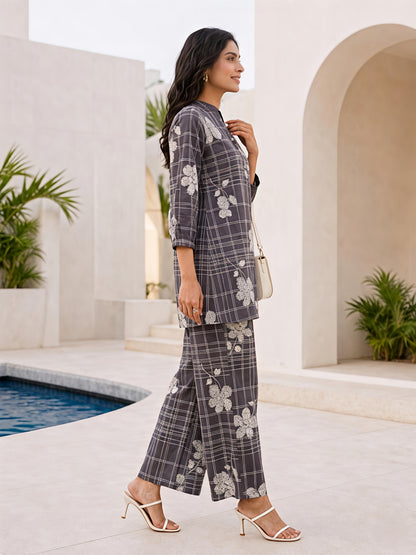 Grey Printed Rayon Blend Mandarin Collar Stylish Co-Ord Set