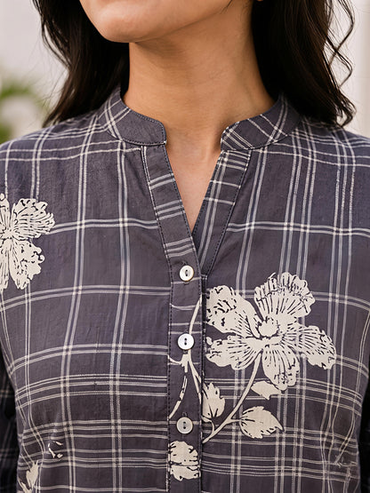 Grey Printed Rayon Blend Mandarin Collar Stylish Co-Ord Set