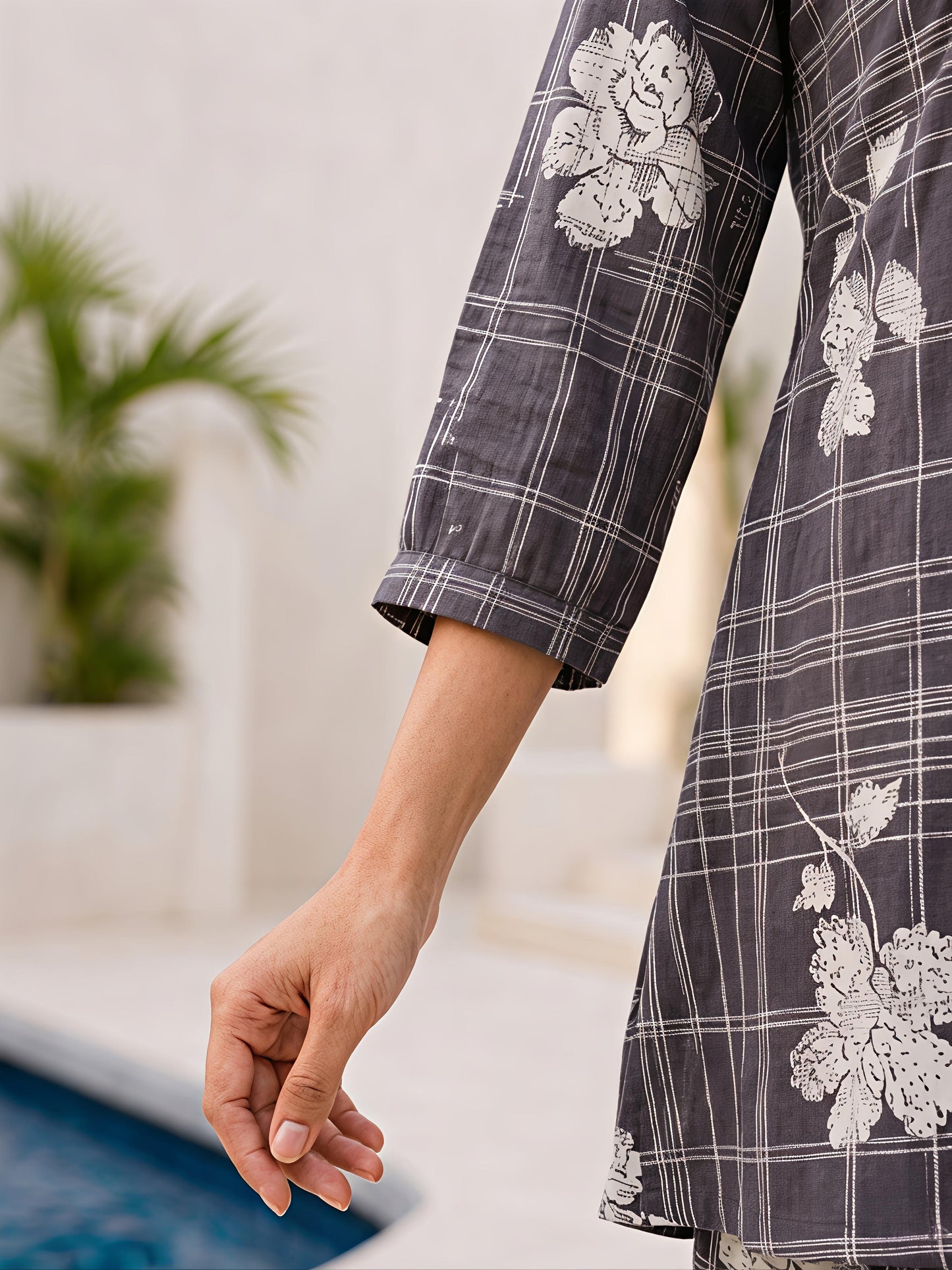 Grey Printed Rayon Blend Mandarin Collar Stylish Co-Ord Set