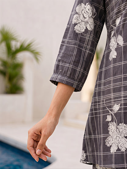 Grey Printed Rayon Blend Mandarin Collar Stylish Co-Ord Set