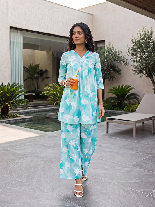 Sky Floral Printed Rayon Blend V-Neck Kurta Palazzo Co-Ord Set