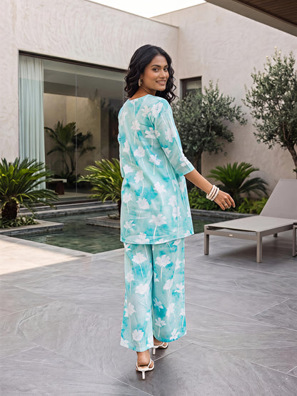 Sky Floral Printed Rayon Blend V-Neck Kurta Palazzo Co-Ord Set