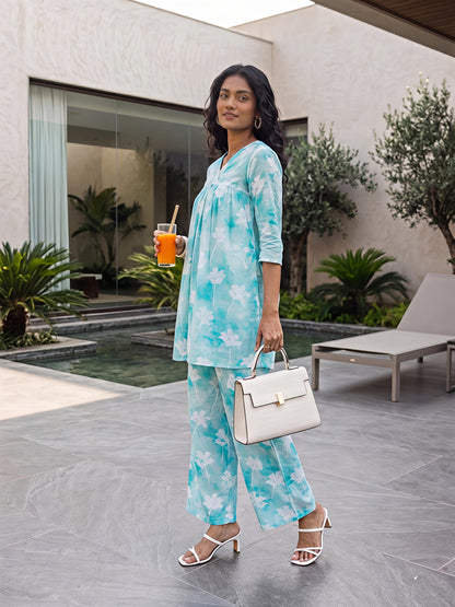 Sky Floral Printed Rayon Blend V-Neck Kurta Palazzo Co-Ord Set
