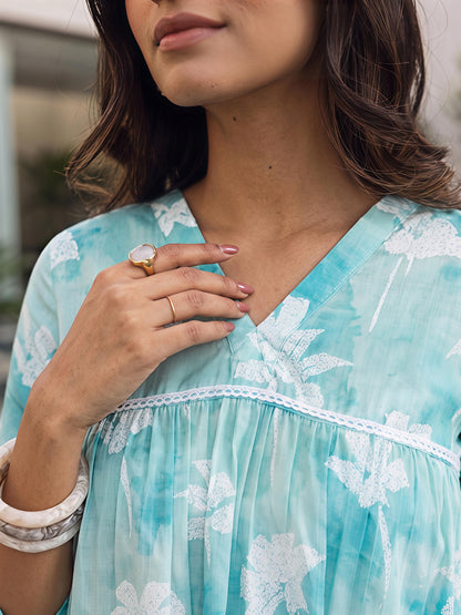 Sky Floral Printed Rayon Blend V-Neck Kurta Palazzo Co-Ord Set