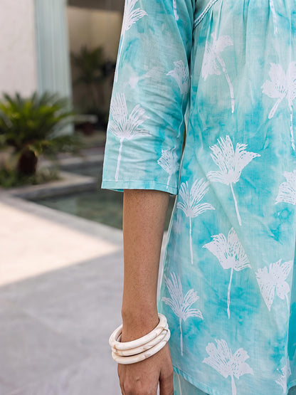 Sky Floral Printed Rayon Blend V-Neck Kurta Palazzo Co-Ord Set