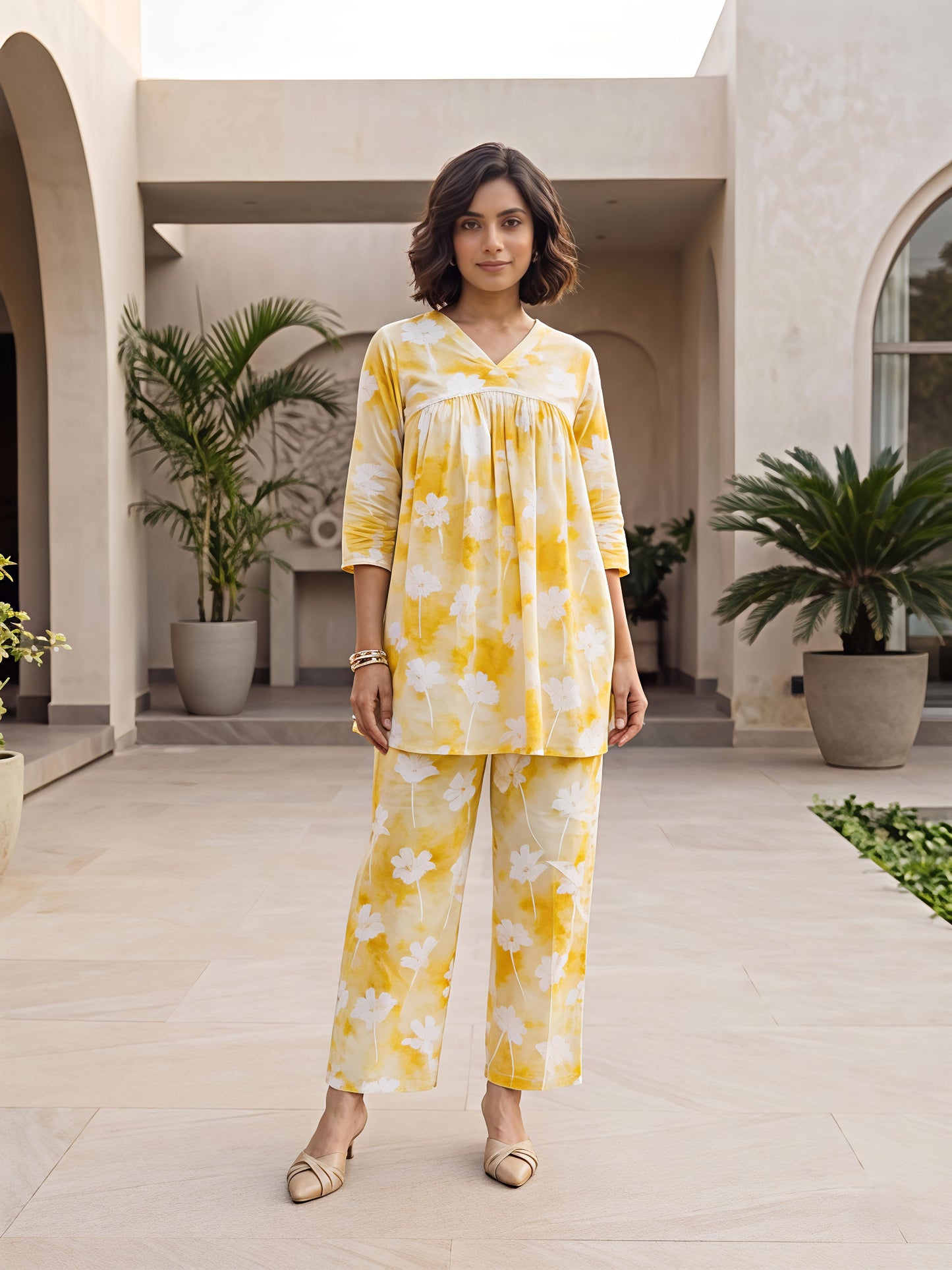 Yellow Floral Printed Rayon Blend V-Neck Kurta Palazzo Co-Ord Set