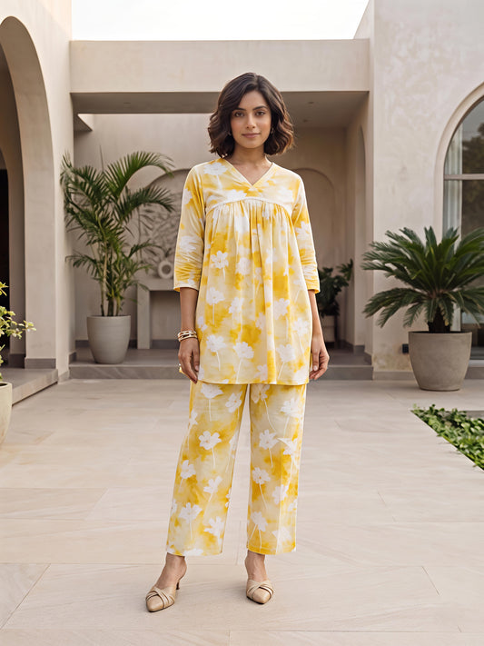 Yellow Floral Printed Rayon Blend V-Neck Kurta Palazzo Co-Ord Set