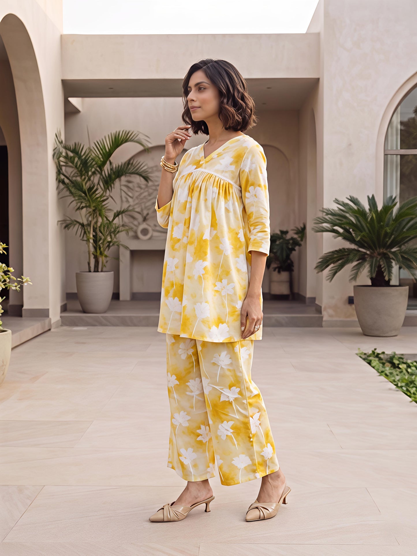 Yellow Floral Printed Rayon Blend V-Neck Kurta Palazzo Co-Ord Set