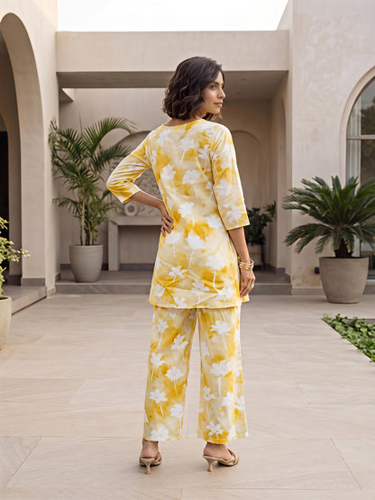 Yellow Floral Printed Rayon Blend V-Neck Kurta Palazzo Co-Ord Set