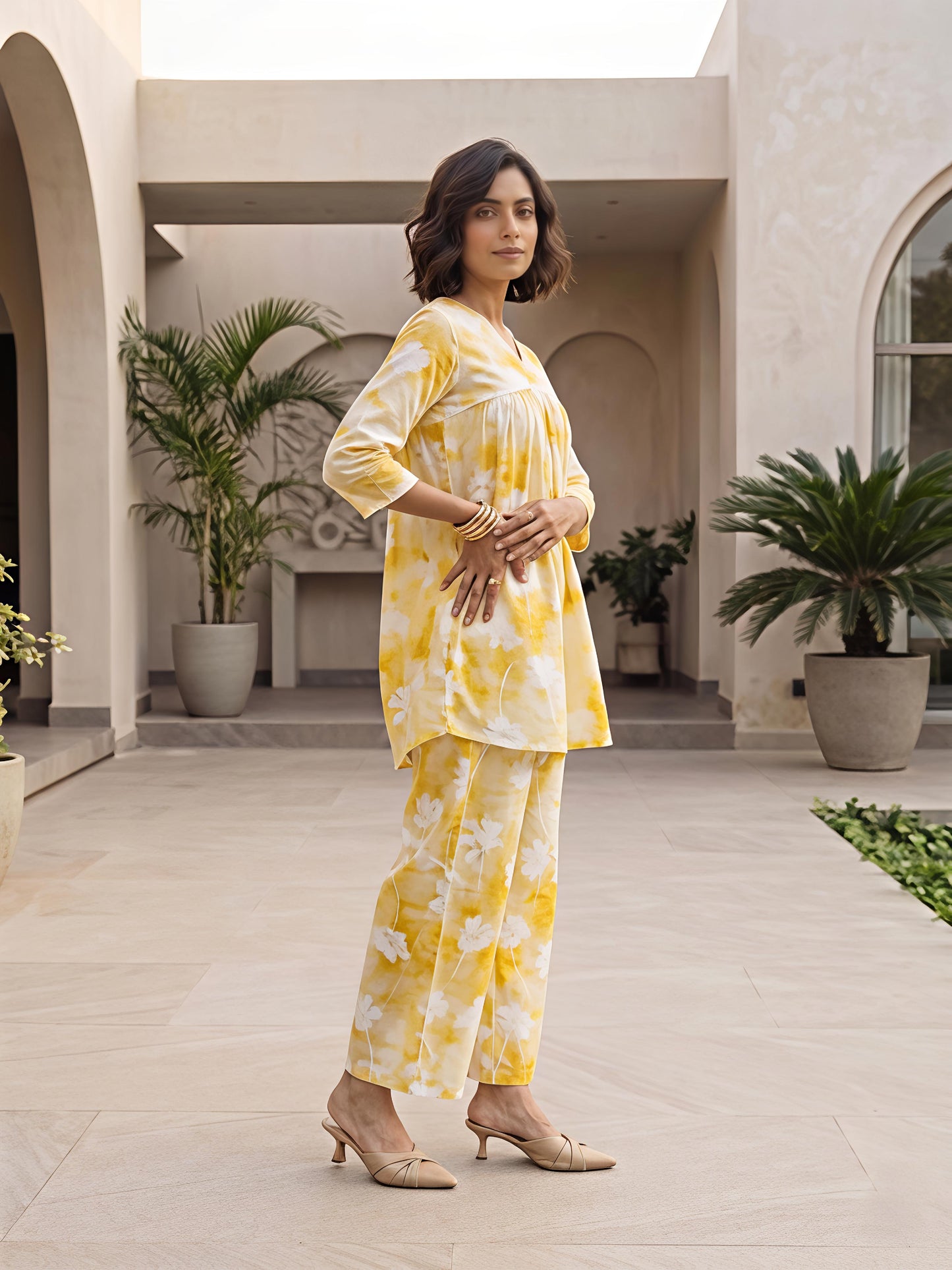 Yellow Floral Printed Rayon Blend V-Neck Kurta Palazzo Co-Ord Set