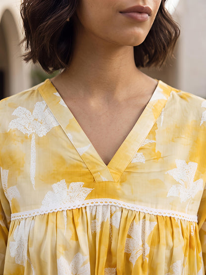 Yellow Floral Printed Rayon Blend V-Neck Kurta Palazzo Co-Ord Set
