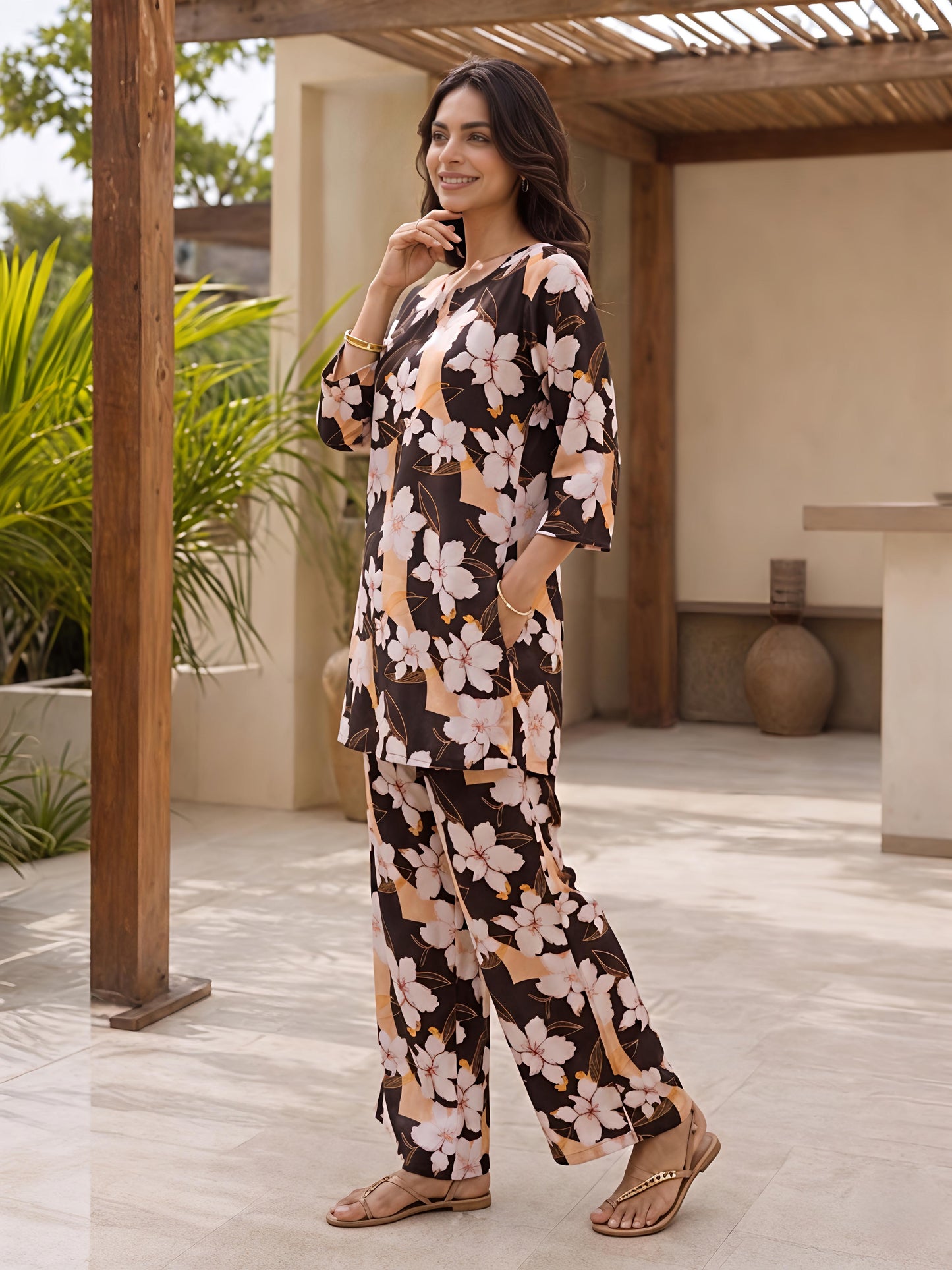 Brown Floral Printed Rayon Blend V-Neck Mandarin Co-Ord Set