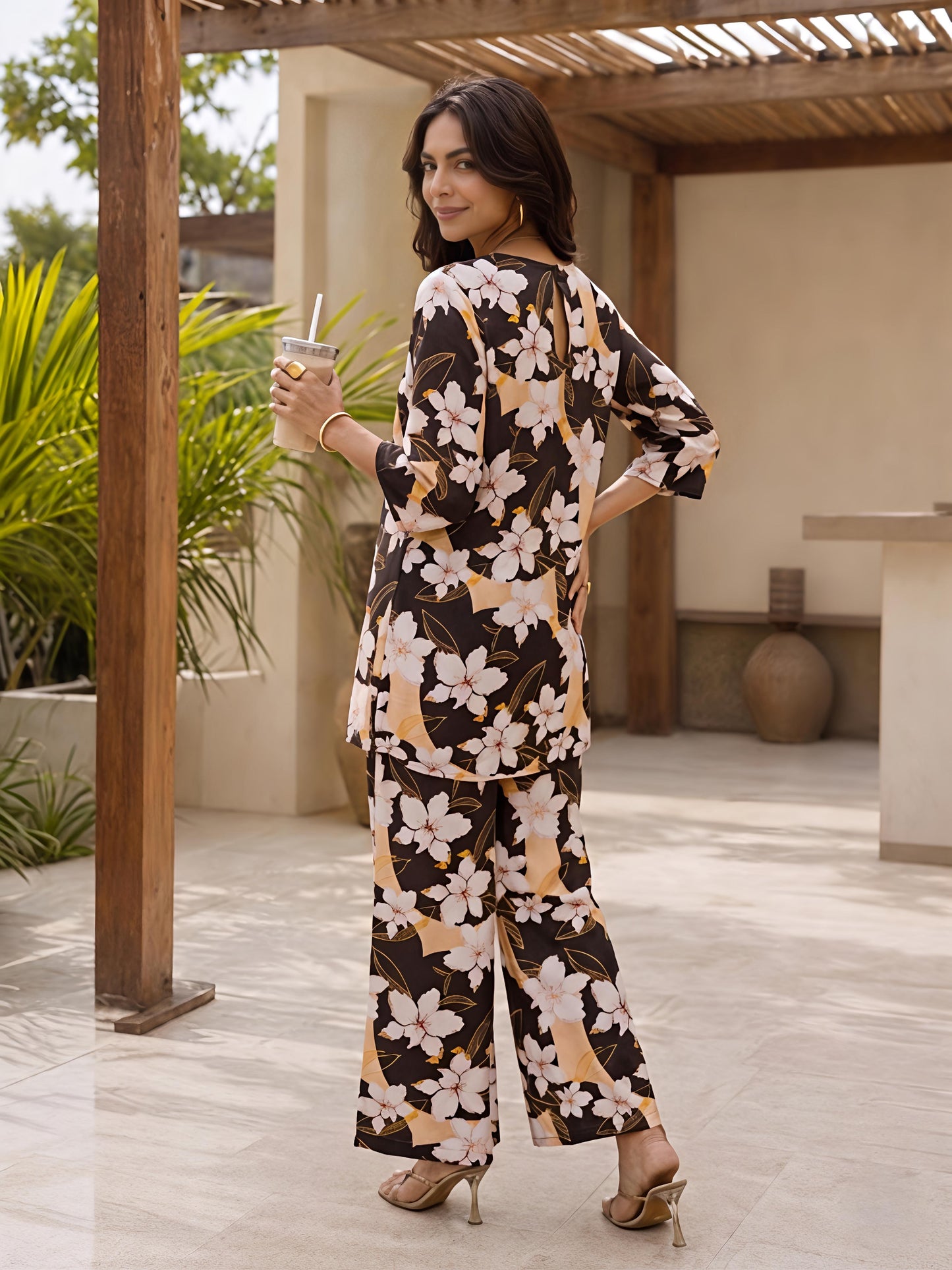 Brown Floral Printed Rayon Blend V-Neck Mandarin Co-Ord Set
