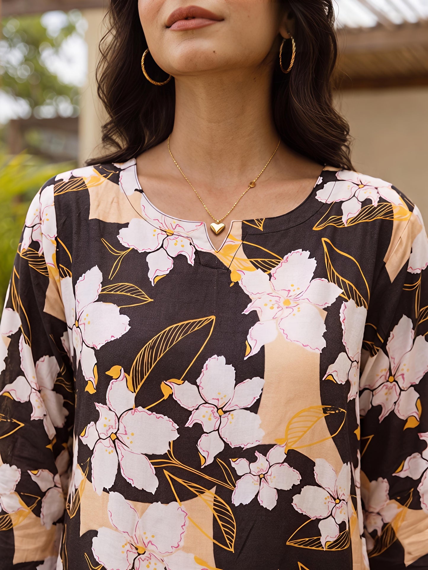 Brown Floral Printed Rayon Blend V-Neck Mandarin Co-Ord Set