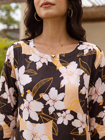 Brown Floral Printed Rayon Blend V-Neck Mandarin Co-Ord Set