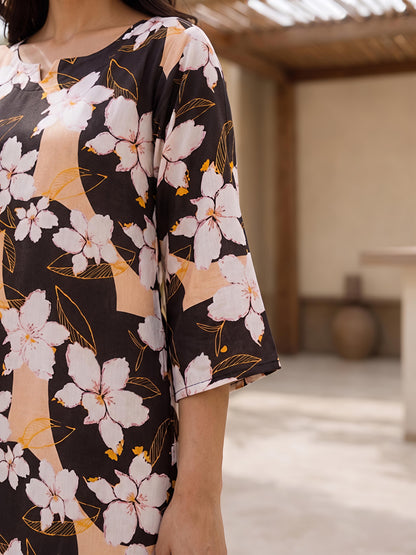 Brown Floral Printed Rayon Blend V-Neck Mandarin Co-Ord Set