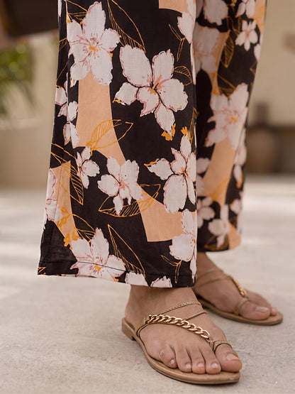 Brown Floral Printed Rayon Blend V-Neck Mandarin Co-Ord Set