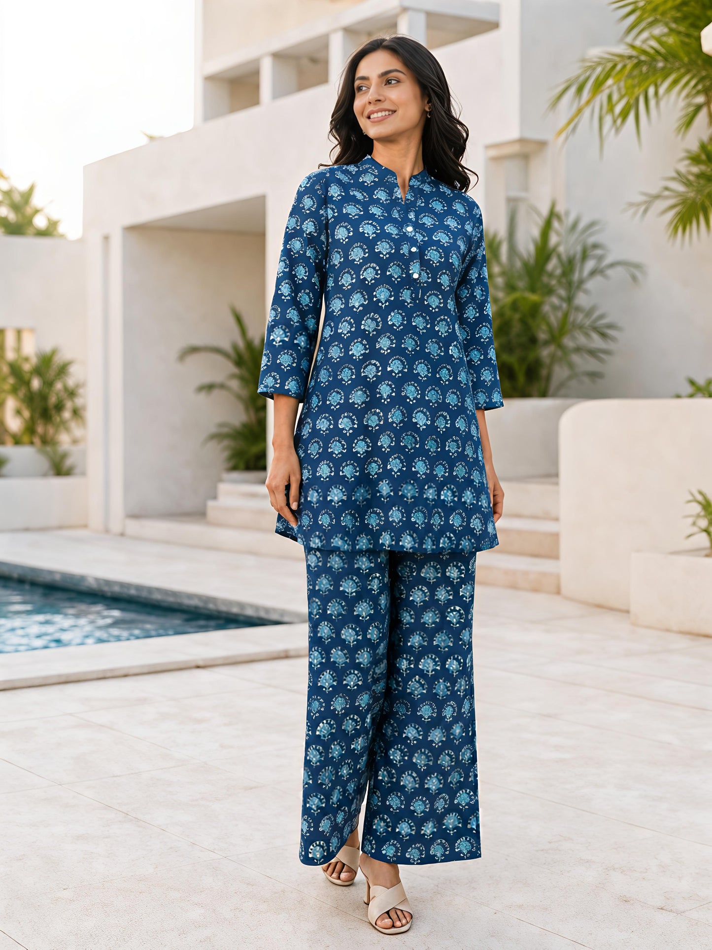 Blue Floral Rayon Blend Mandarin Collar Stylish Co-Ord Set