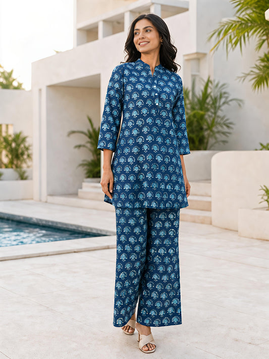 Blue Floral Rayon Blend Mandarin Collar Stylish Co-Ord Set