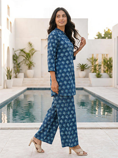 Blue Floral Rayon Blend Mandarin Collar Stylish Co-Ord Set