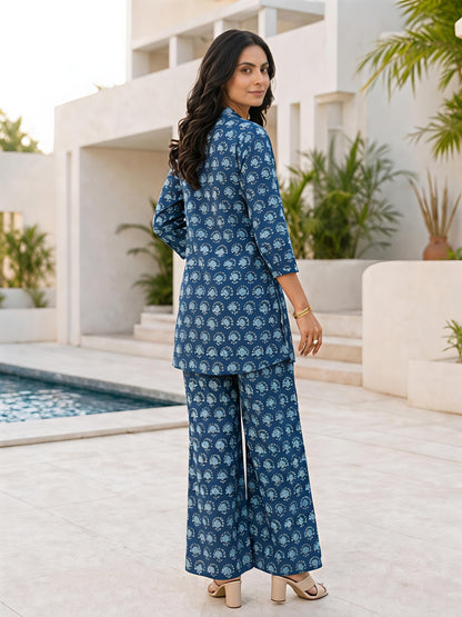 Blue Floral Rayon Blend Mandarin Collar Stylish Co-Ord Set
