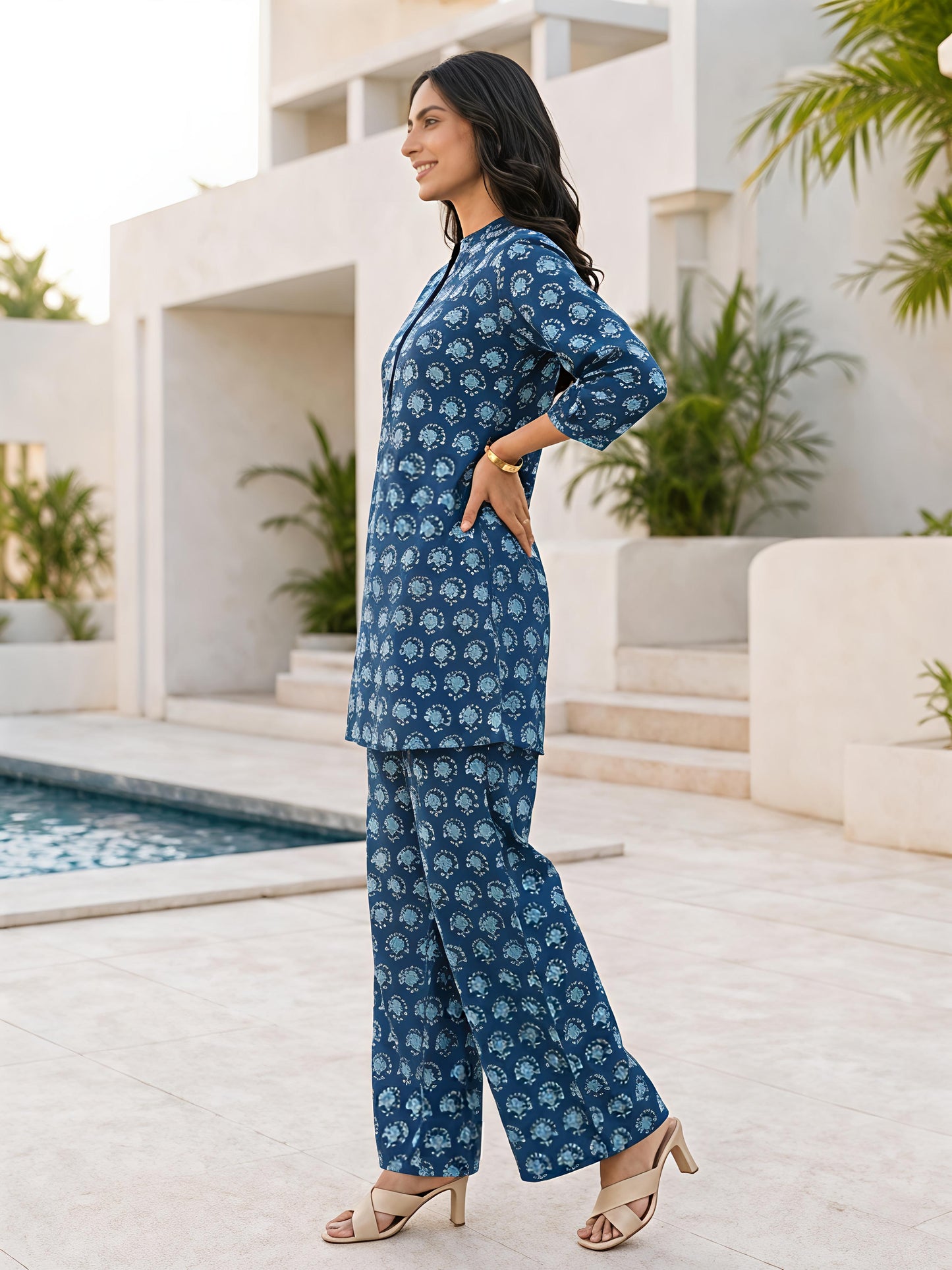 Blue Floral Rayon Blend Mandarin Collar Stylish Co-Ord Set