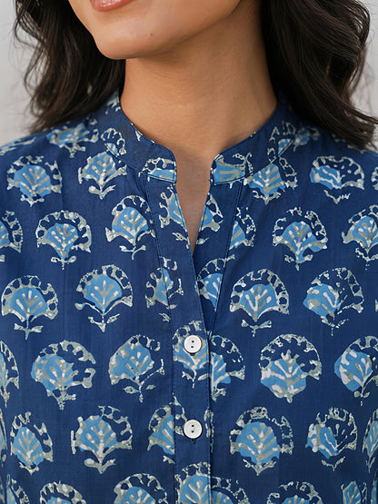 Blue Floral Rayon Blend Mandarin Collar Stylish Co-Ord Set