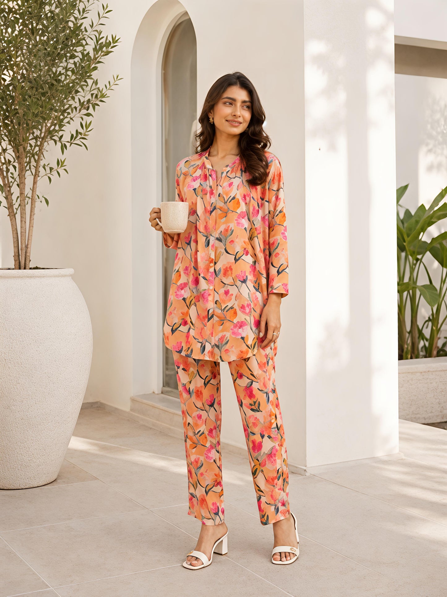 Orange Floral Rayon Blend Mandarin Collar Stylish Co-Ord Set